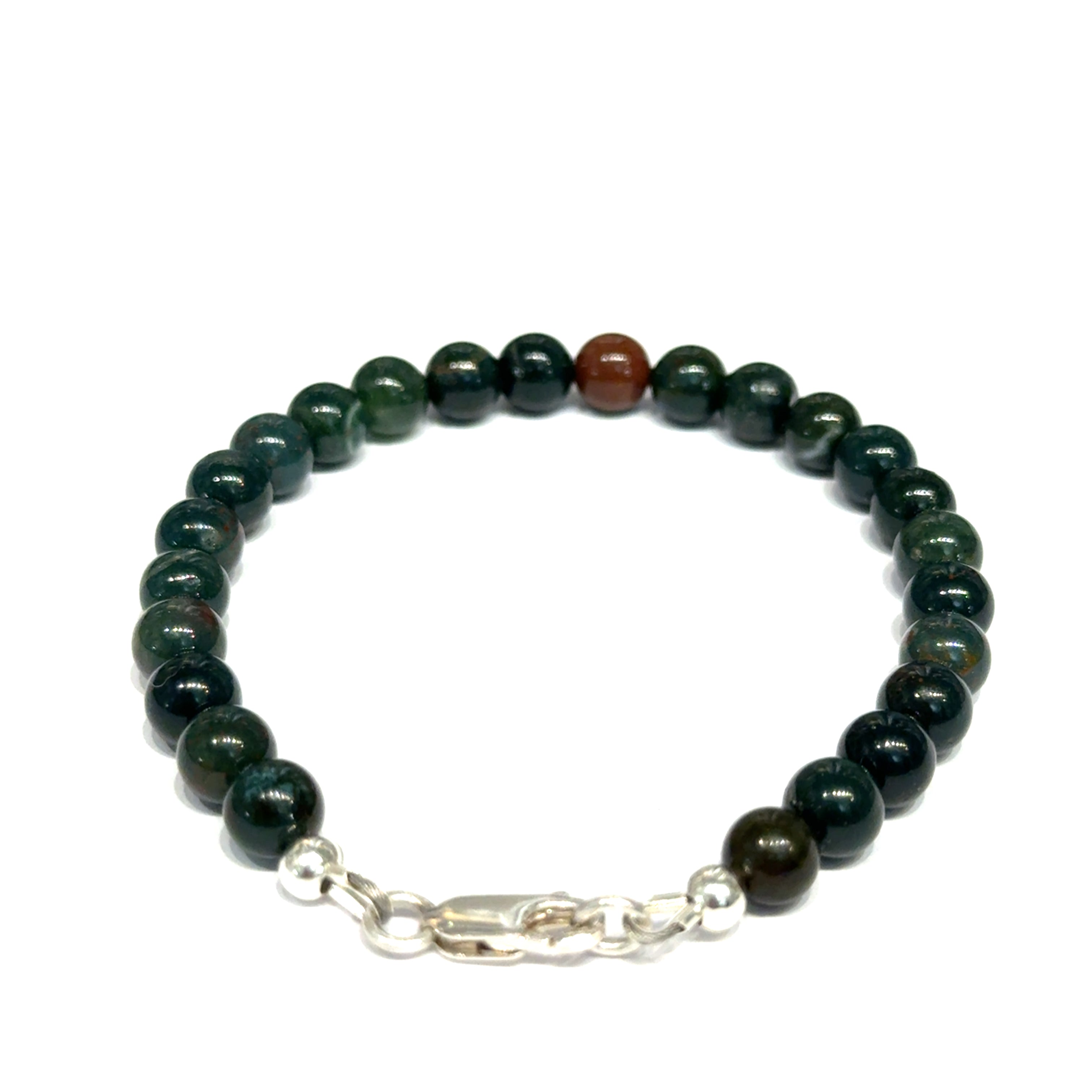 A close-up of polished bloodstone beaded gemstone bracelet  6mm size 7.25''  showing deep forest green jasper with natural red hematite inclusions on a white background, front back overview. 