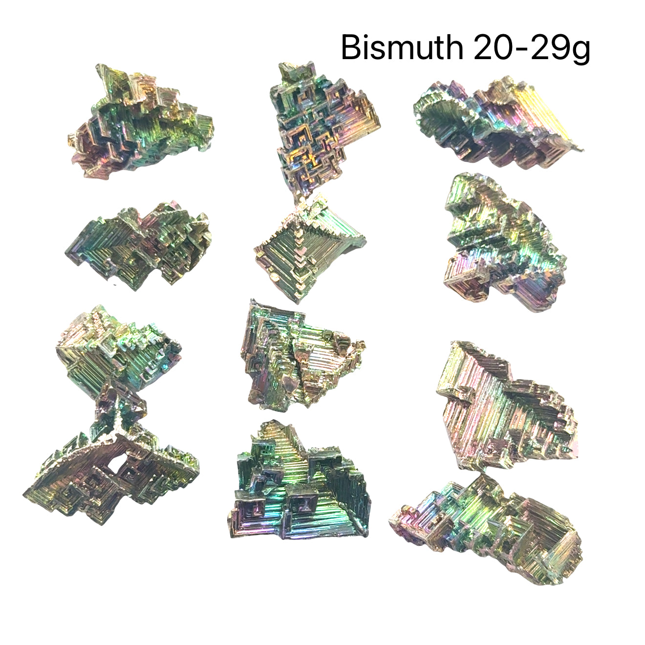 A cluster of bismuth gemstones  (29-29g) on a white background, close-up overview.