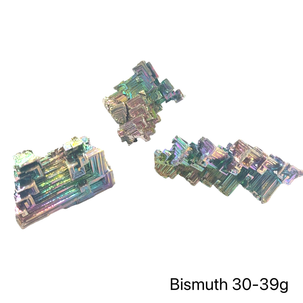 A cluster of bismuth gemstones  (30-39g) on a white background, close-up overview.