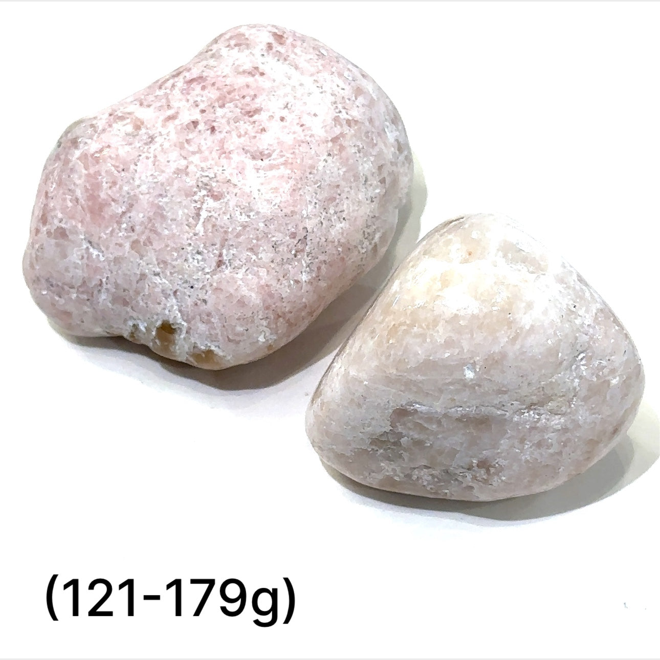A collection of (121-179g) tumbled Petalite gemstones with a pink hue, displayed   on a white background, front overview.