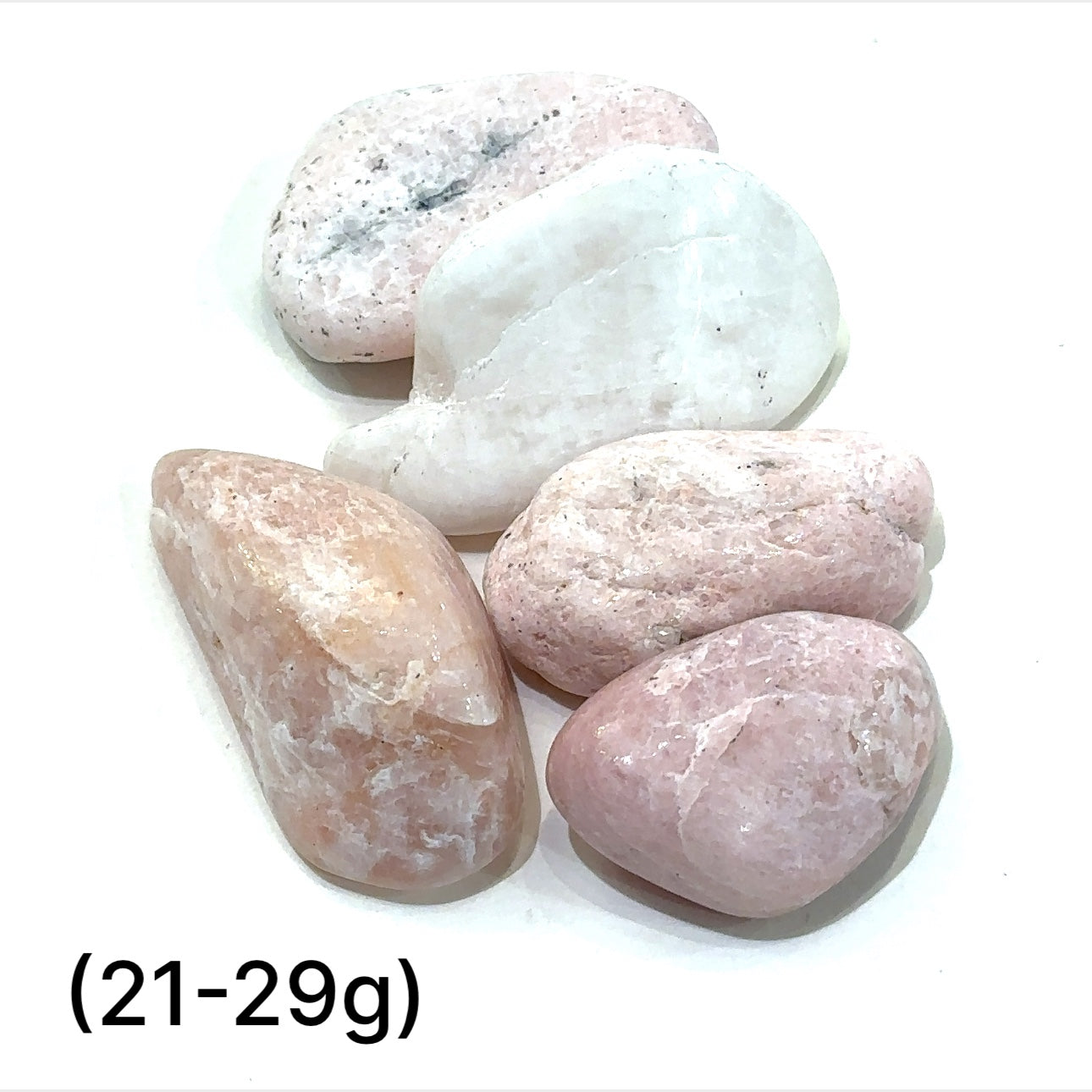 A collection of (21-29g) tumbled Petalite gemstones with a pink hue, displayed   on a white background, front overview.