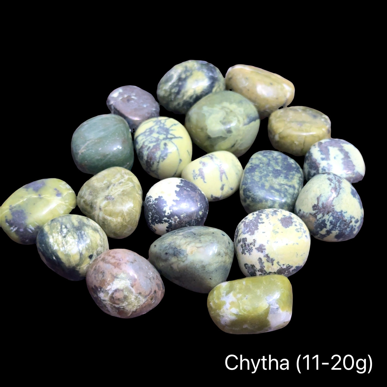 A collection of Chytha gemstones, weighing 11-20g, on a black background, front view.
