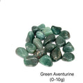 A collection of Green Aventurine tumbled gemstones (0-10g) on a white background, front view.