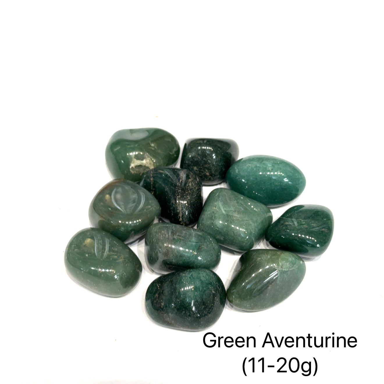 A collection of Green Aventurine tumbled gemstones (11-20g) on a white background, front view.