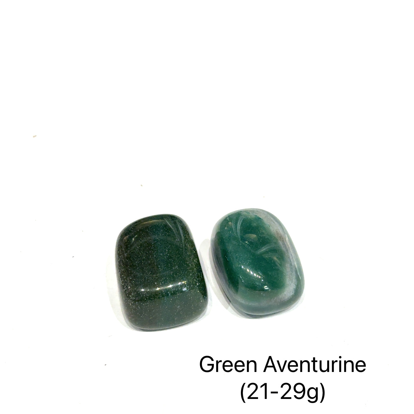 A collection of Green Aventurine tumbled gemstones (21-29g) on a white background, front view.