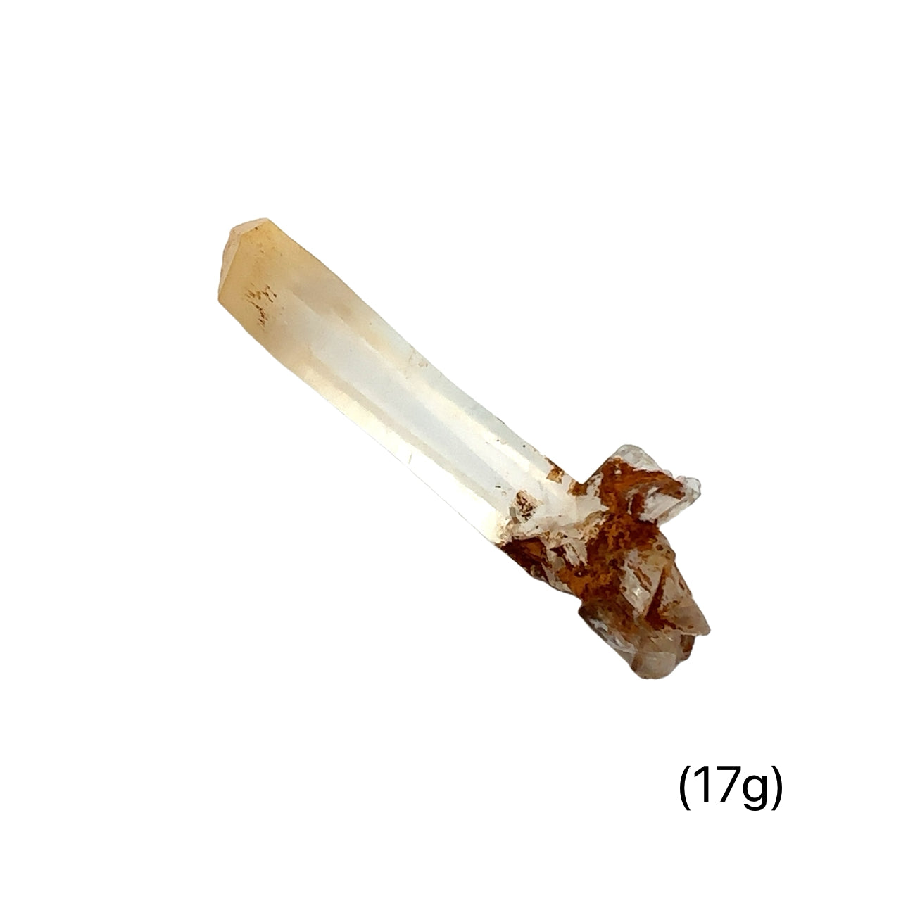A collection of Halloysite-Included Quartz gemstones, also known as 'Mango Quartz', sizes (17g) is displayed on a white surface center overview.