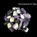 A collection of Kammererite tumbled gemstones (0-10g) on a black background, front view.  