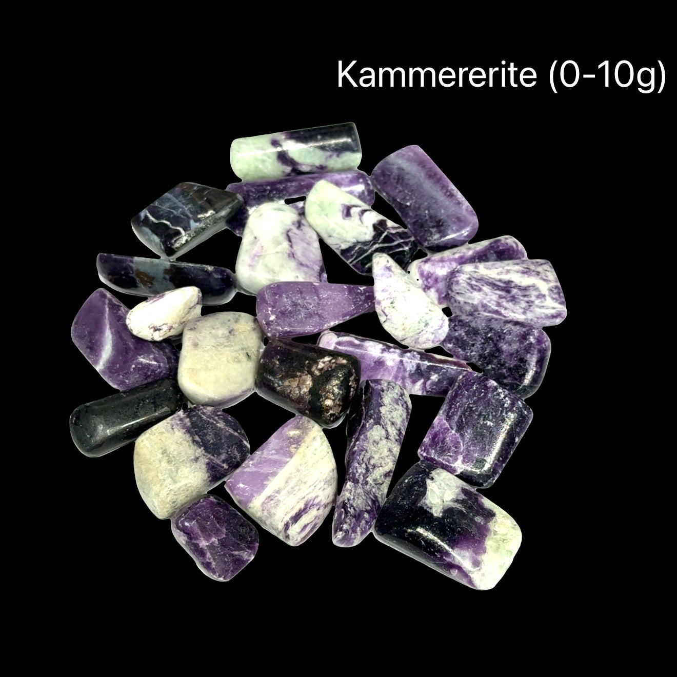 A collection of Kammererite tumbled gemstones (0-10g) on a black background, front view.  