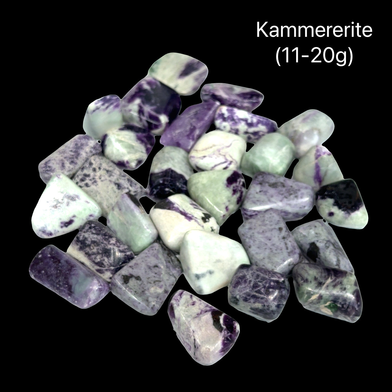 A collection of Kammererite tumbled gemstones (11-20g) on a black background, front view.  