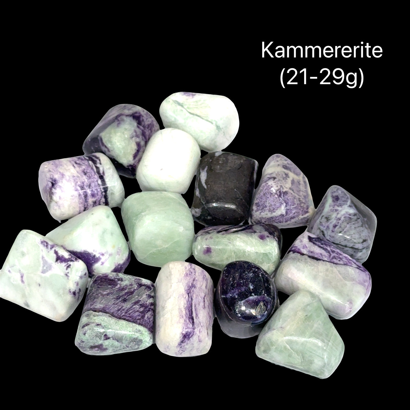 A collection of Kammererite tumbled gemstones (21-29g) on a black background, front view.  