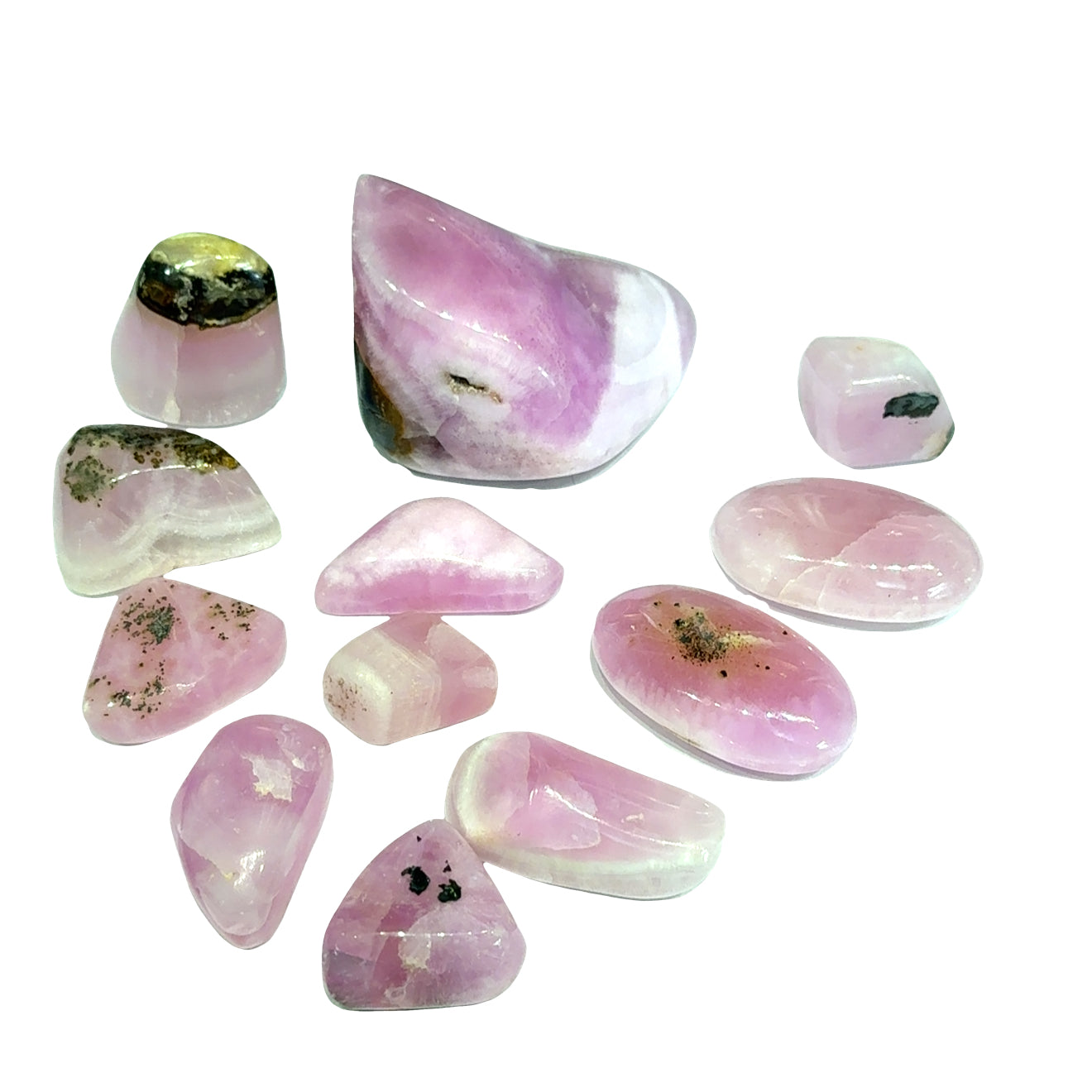 A collection of Pink Aragonite tumbled gemstones, on a white background, front view. 
