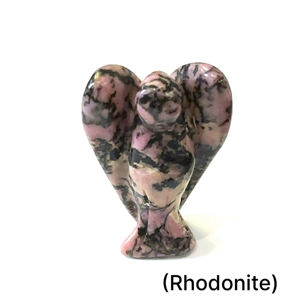 A collection of gemstone carvings in the shape of angels, Rhodonite, front center view