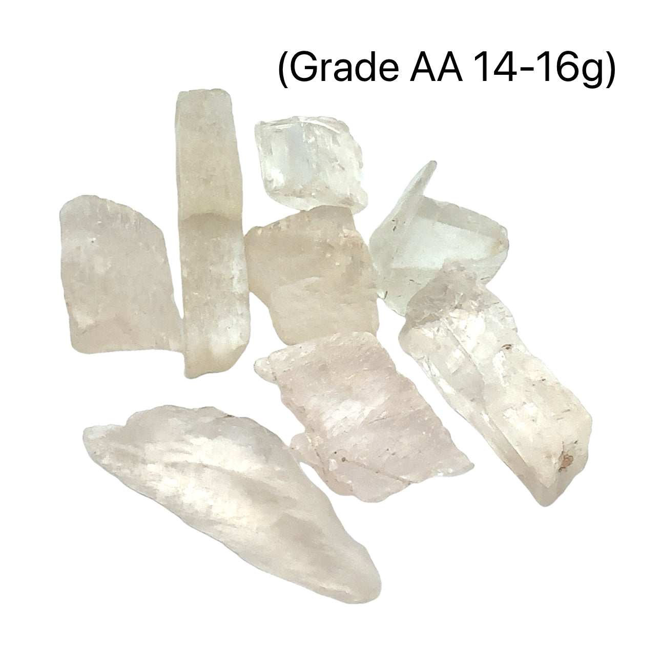 A collection of raw Hiddenite gemstones displayed on a white surface. (grade AA 14-16g) front overview.