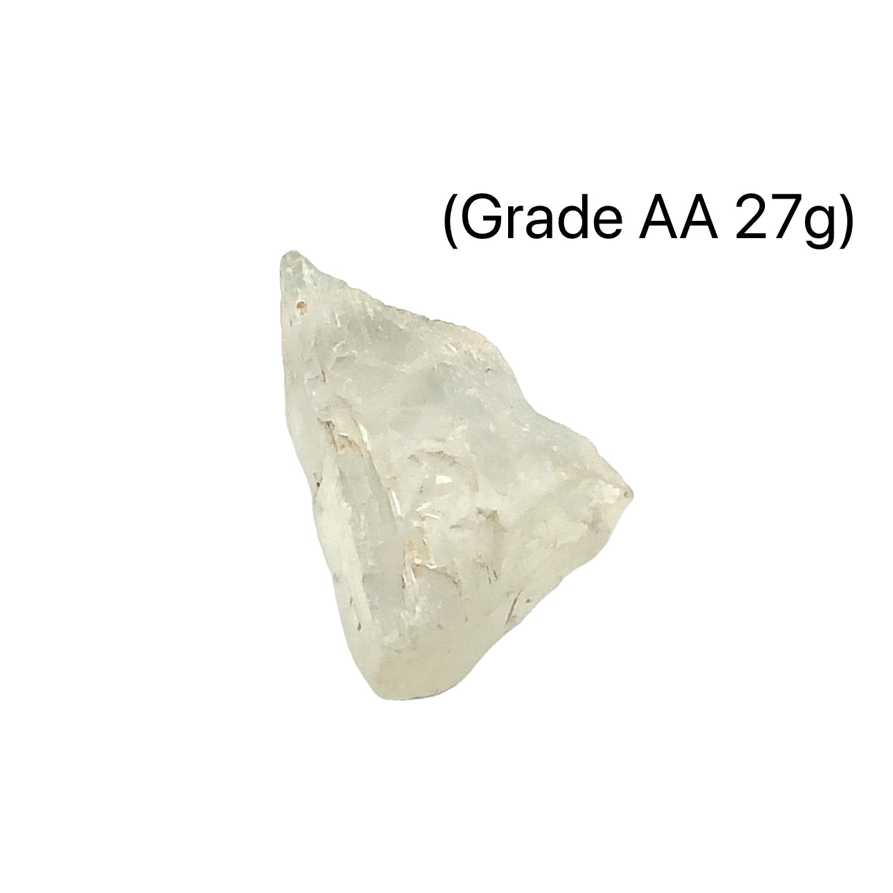A collection of raw Hiddenite gemstones displayed on a white surface. (grade AA 27g) front overview. 