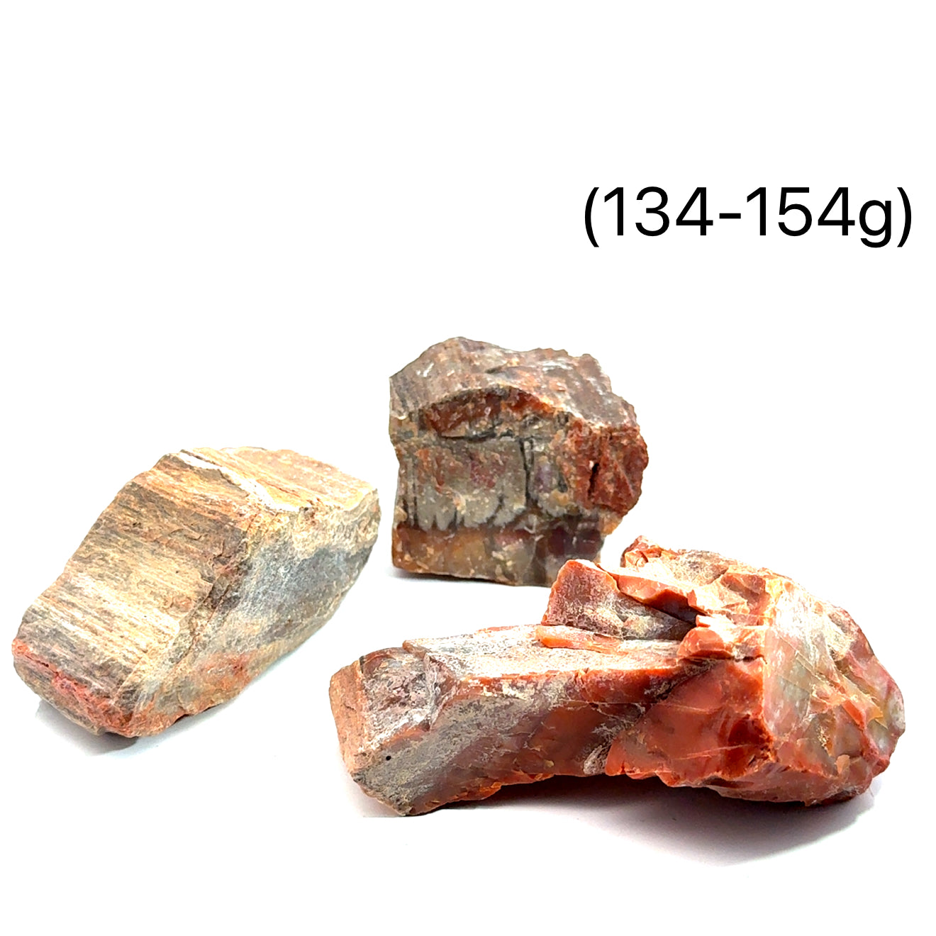 A collection of raw Petrified Wood gemstones, presented against a white background, with weight (134-154g), front, and overview. 