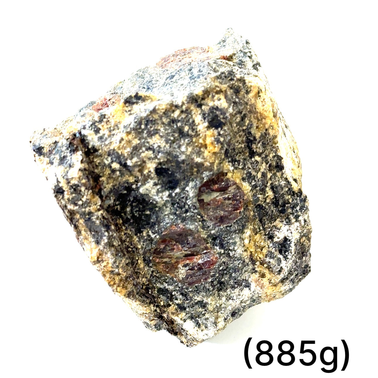 A collection of raw garnet gemstones with a rough, rugged texture in a natural color range of red and brown. on white (885g) front view