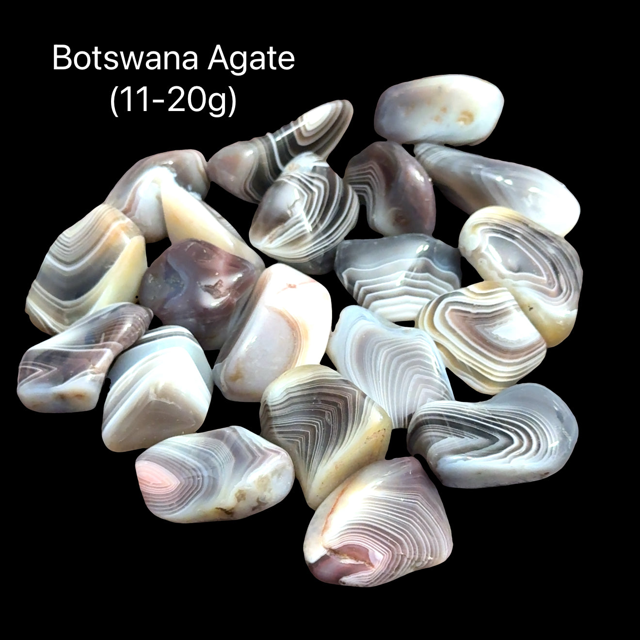 A collection of tumbled Botswana Agate gemstones on a Black background, (11-20g) front view.