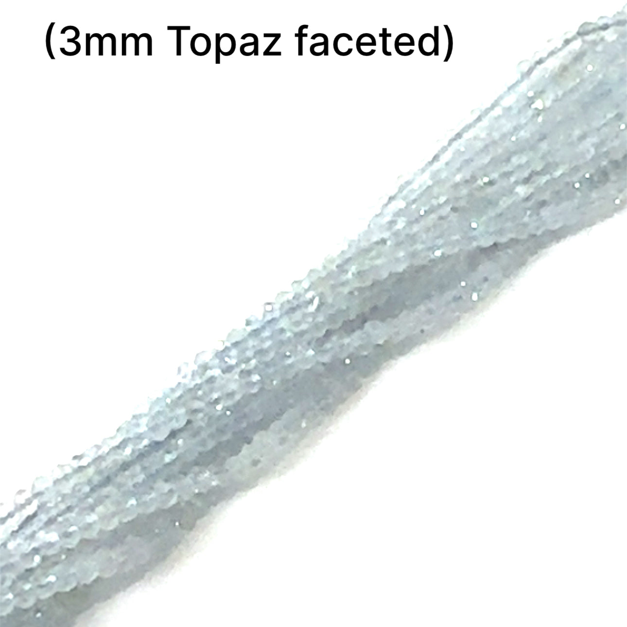  A group of 3mm Blue Topaz faceted  round gemstone strand. on a white background front overview. 