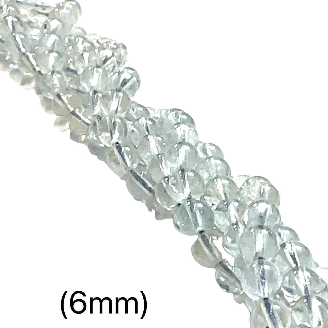  A group of 6mm Blue Topaz smooth round gemstone strand. on a white background front overview. 