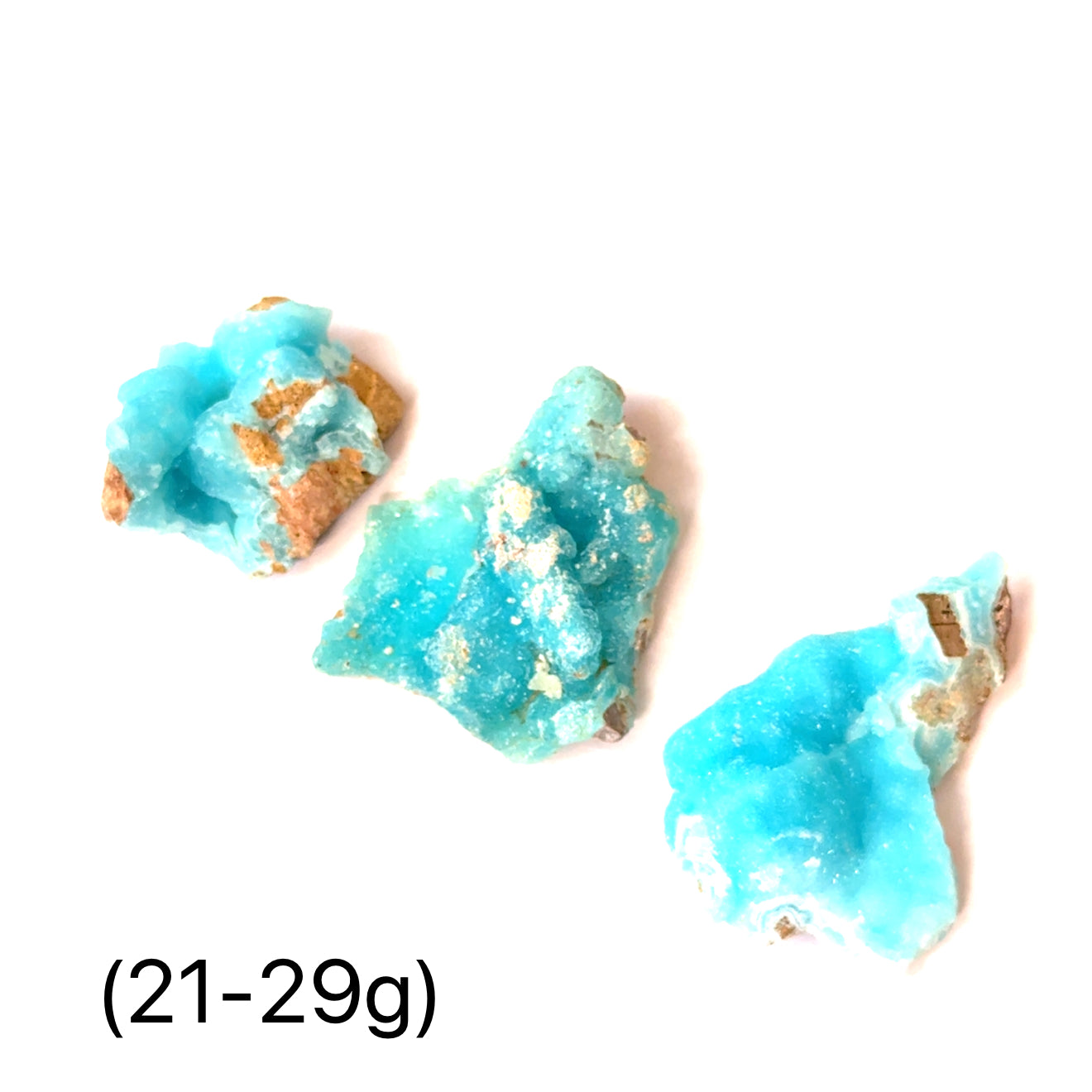 A group of Hemimorphite gemstone  (21-29g) of raw Hemimorphite pieces on  a white background, front view. 