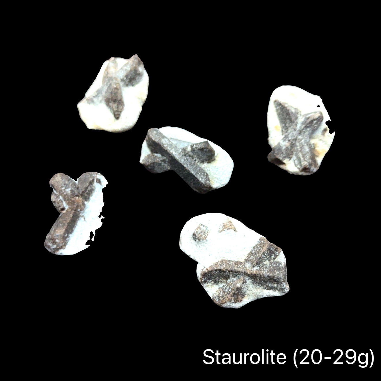 A group of Natural staurolite fairy cross stone from Kola Peninsula Russia showing cross formation, on a black background, front view. Weights (21-29g)