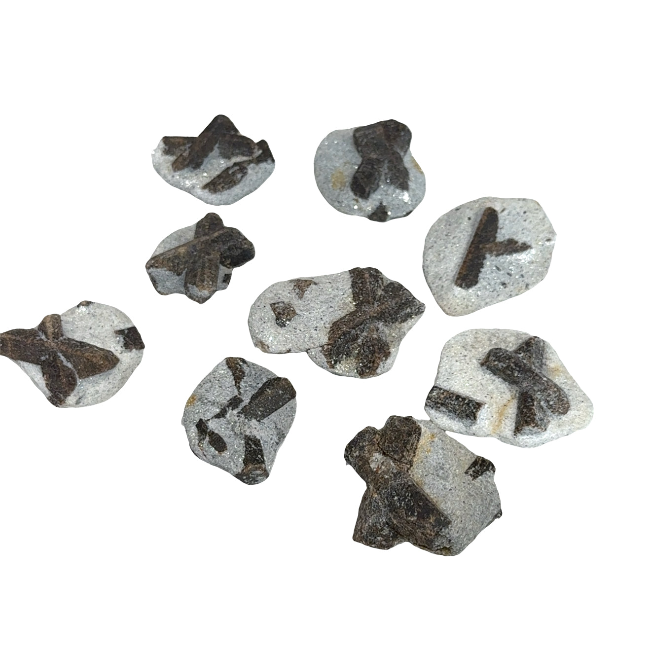 A group of Natural staurolite fairy cross stone from Kola Peninsula Russia showing cross formation, on a white background, front view.