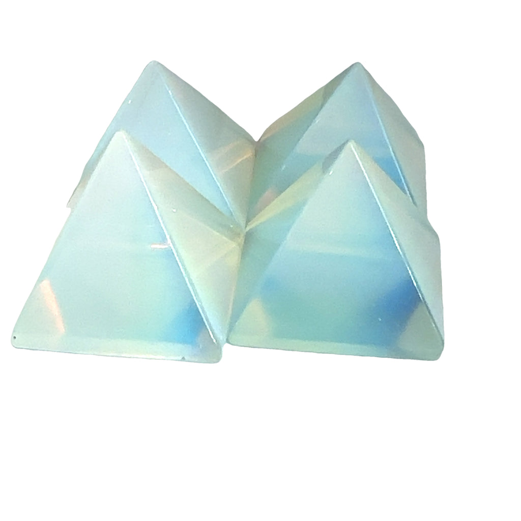 A group of Opalite Gemstone Pyramid – glowing iridescent crystal for peace and clarity on a white background front overview. 