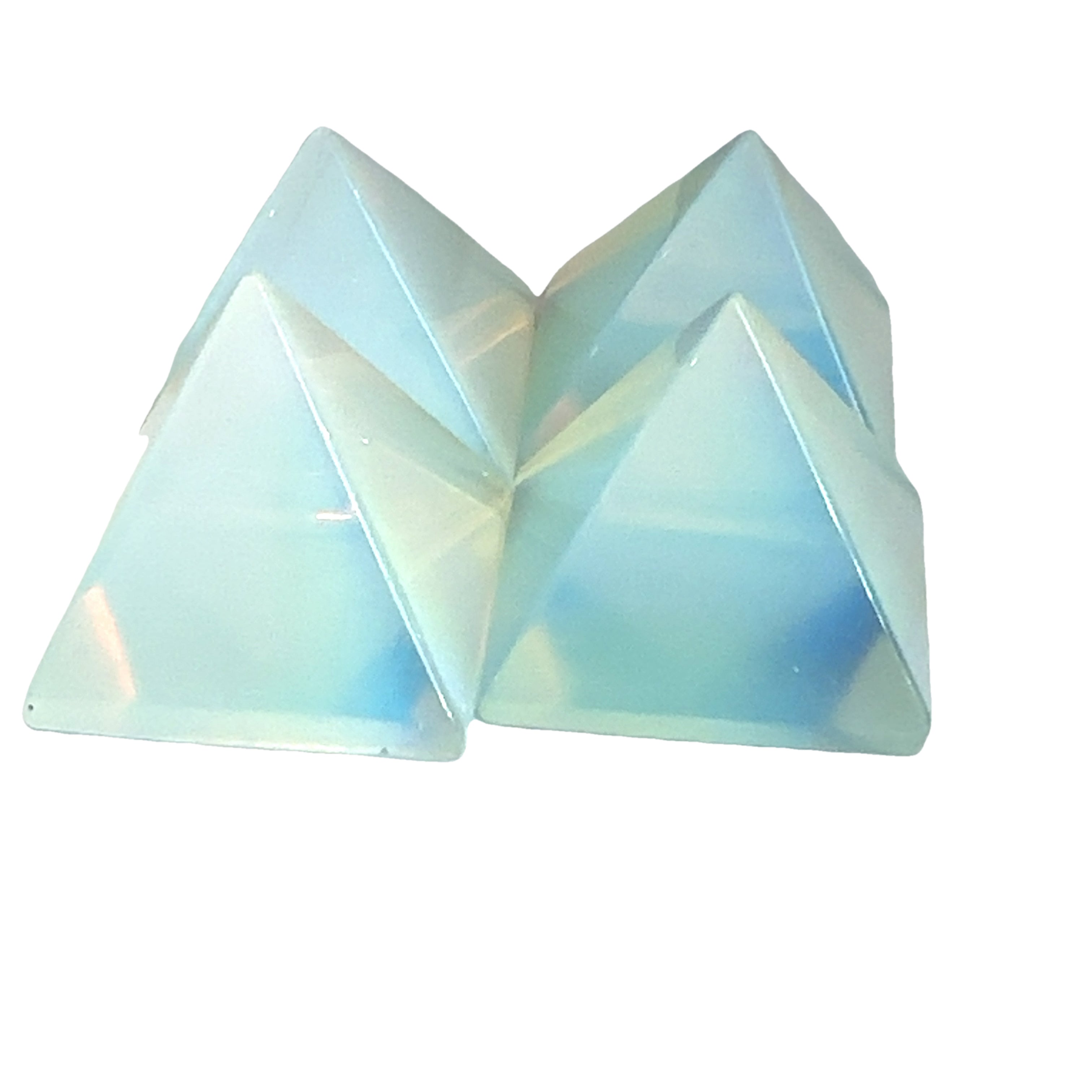 A group of Opalite Gemstone Pyramid – glowing iridescent crystal for peace and clarity on a white background front overview. 