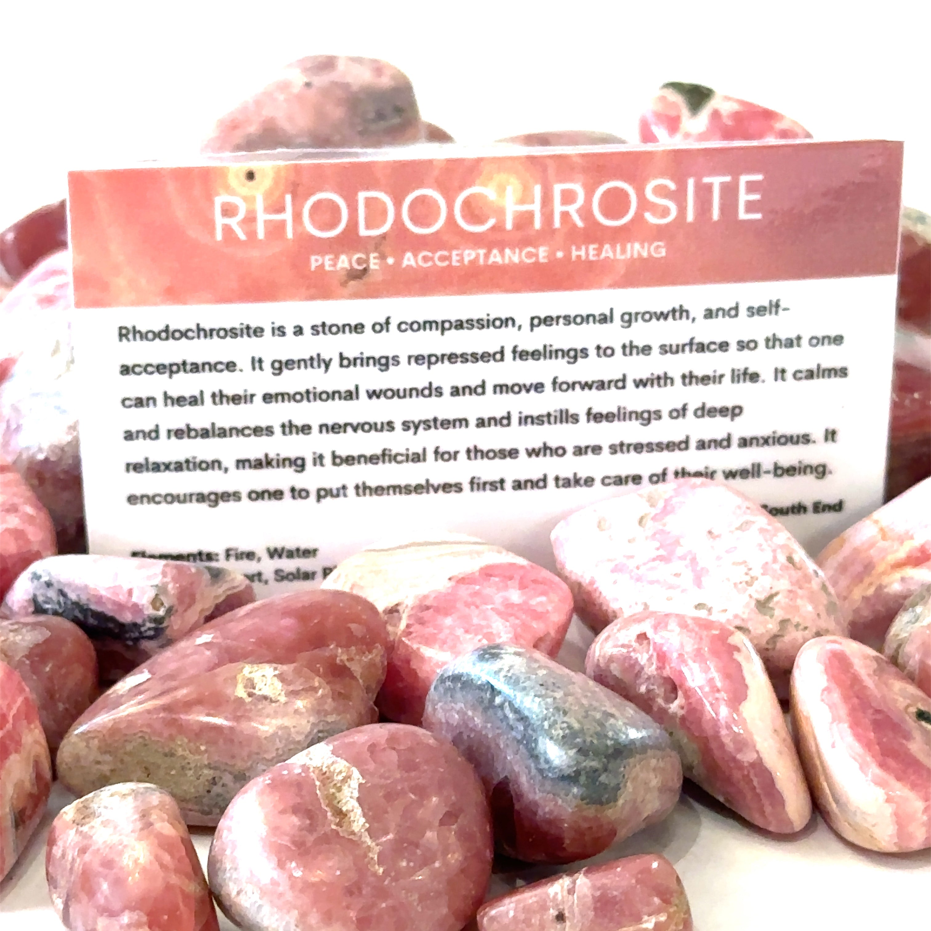 A group of Rhodochrosite tumbled gemstone with an information card on a white background, front overview.  