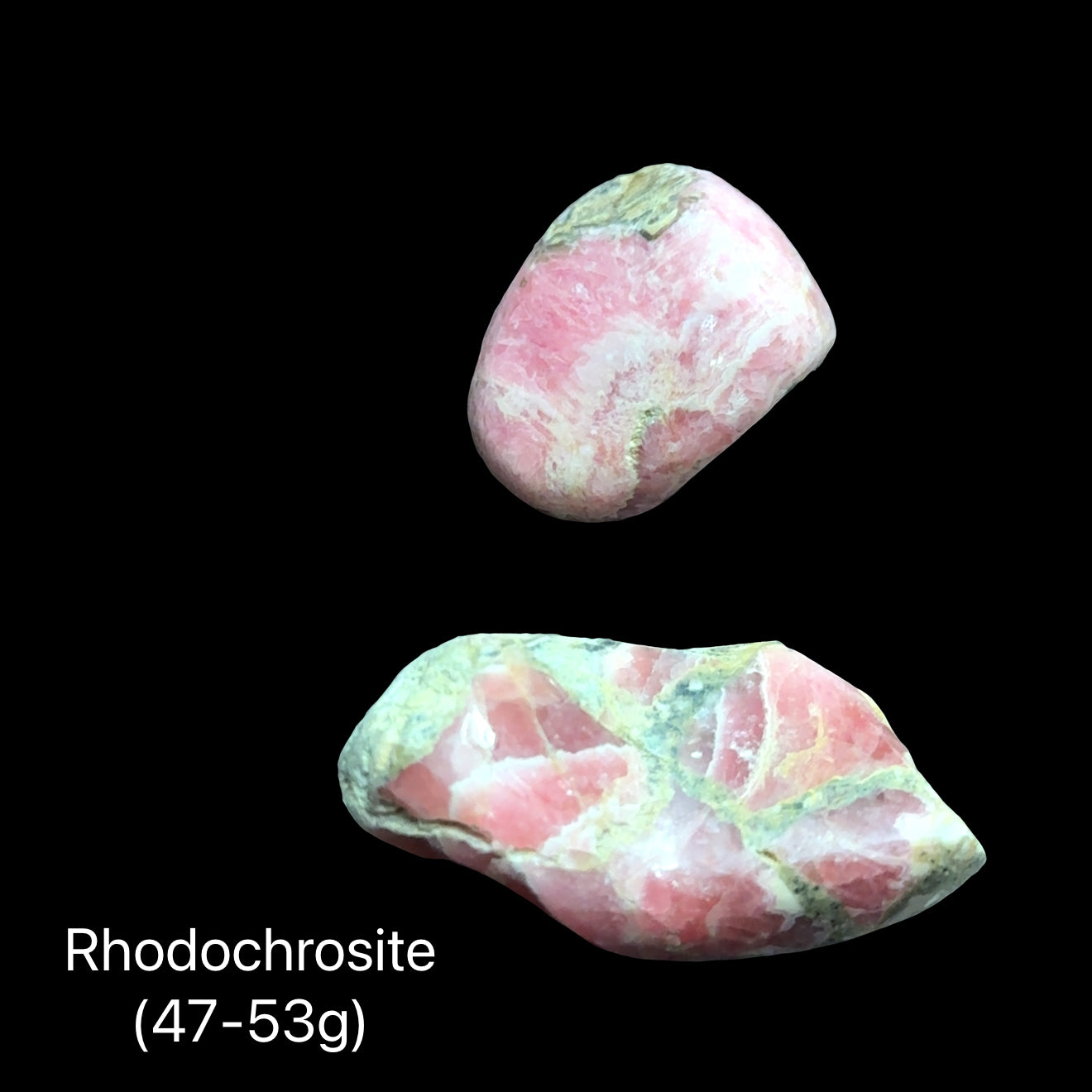 A group of Rhodochrosite tumbled weighing (47-53g) on a black background, front view.  