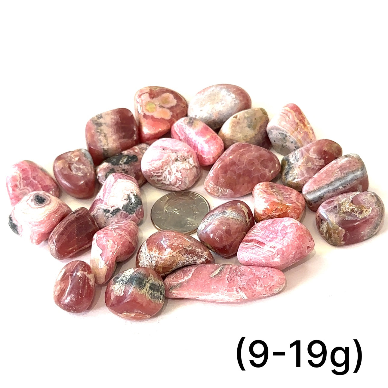 A group of Rhodochrosite tumbled weighing (9-19g) on a white background, front view.  