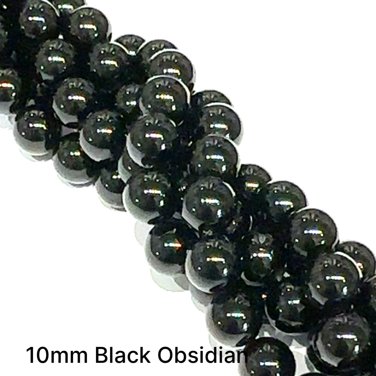 A group of strands of 10mm Black Obsidian smooth round gemstone beads on a white background, front overview. 