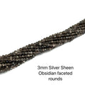 A group of strands of 3mm Silver Sheen  Obsidian faceted  round gemstone beads on a white background, front overview. 