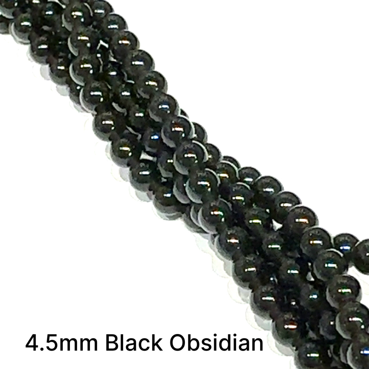 A group of strands of 4.5mm Black Obsidian smooth round gemstone beads on a white background, front overview. 