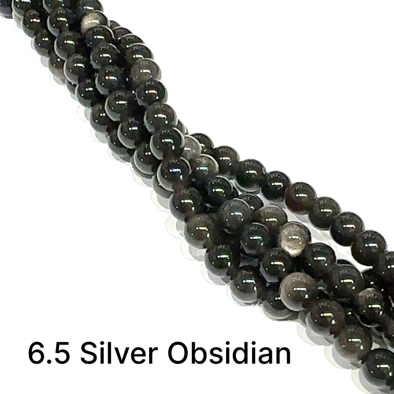 A group of strands of 6.5mm Silver Sheen Obsidian smooth round gemstone beads on a white background, front overview. 