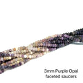 A grouping of strands of 3mm purple opal faceted saucers on a white background, front overview. 