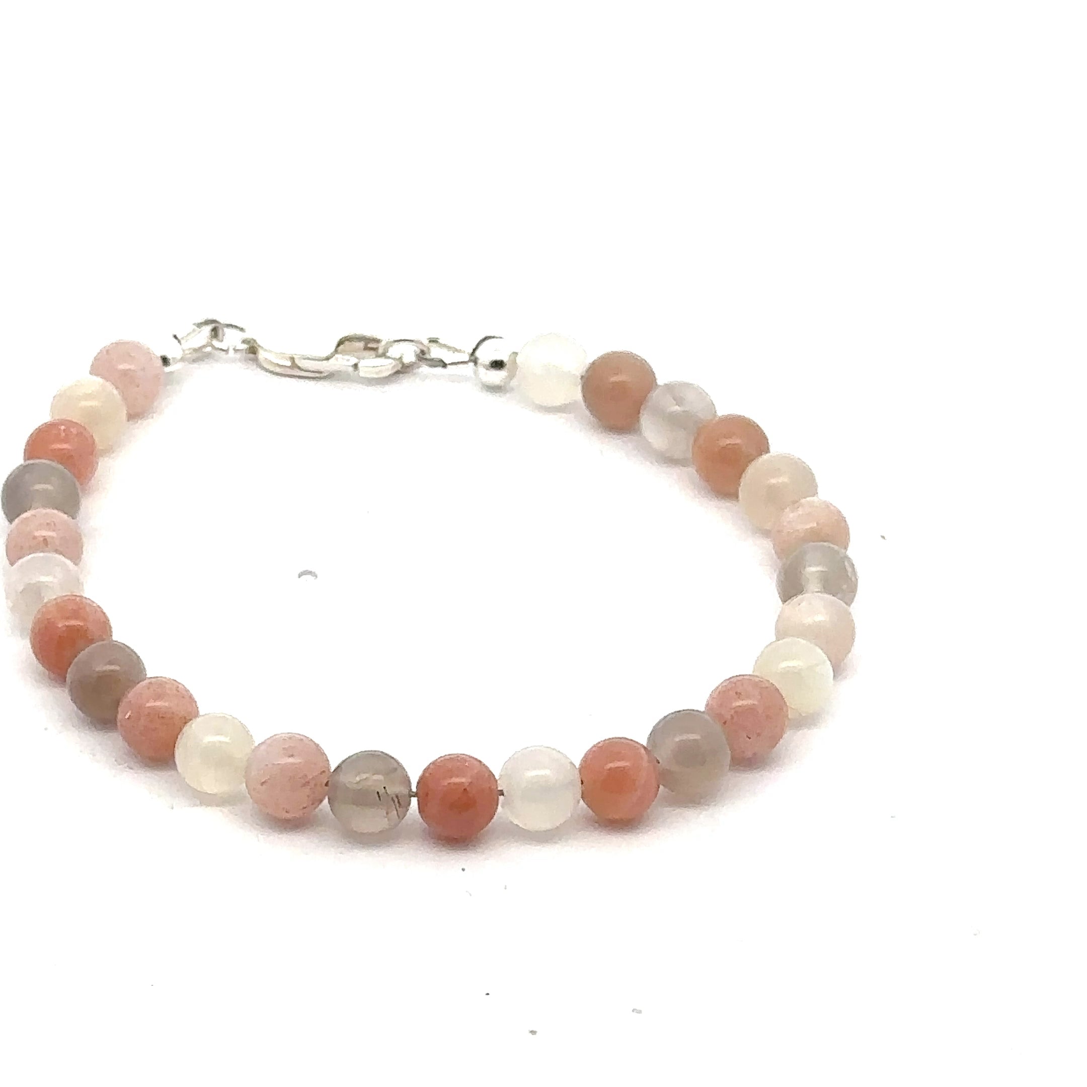 A mix Moonstone gemstone beaded bracelet with a sterling silver lobster claw clasp on a white background, front, overview. 