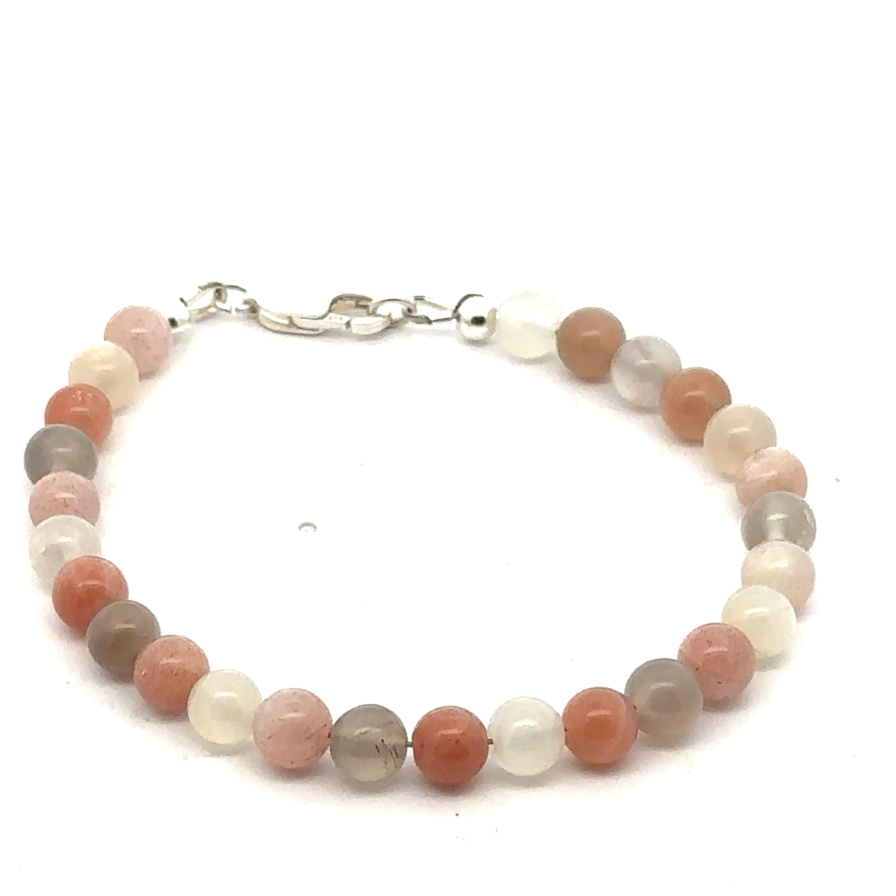 A mixed Moonstone gemstone beaded bracelet with a sterling silver lobster claw clasp on a white background, front, close-up overview. 