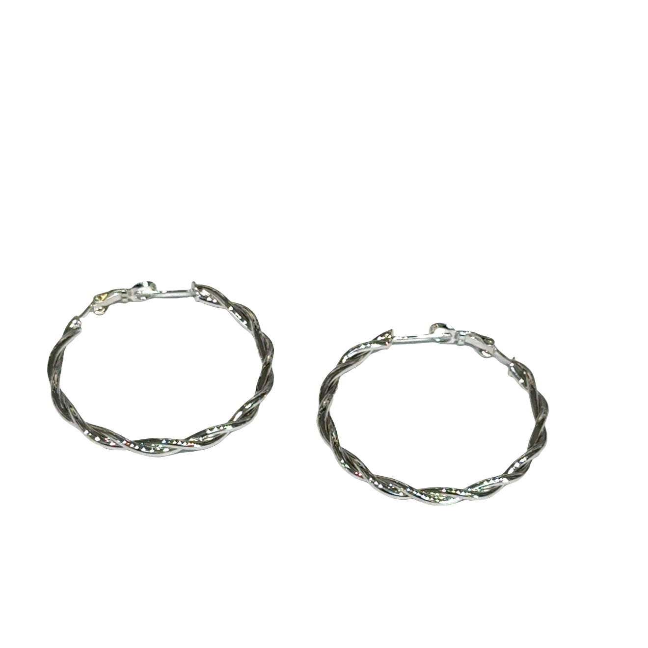 A pair of Sterling Silver Two-Wire Twist Round Hoop (Snapback) Size: 42mm diameter, 8g on a white background, front overview.