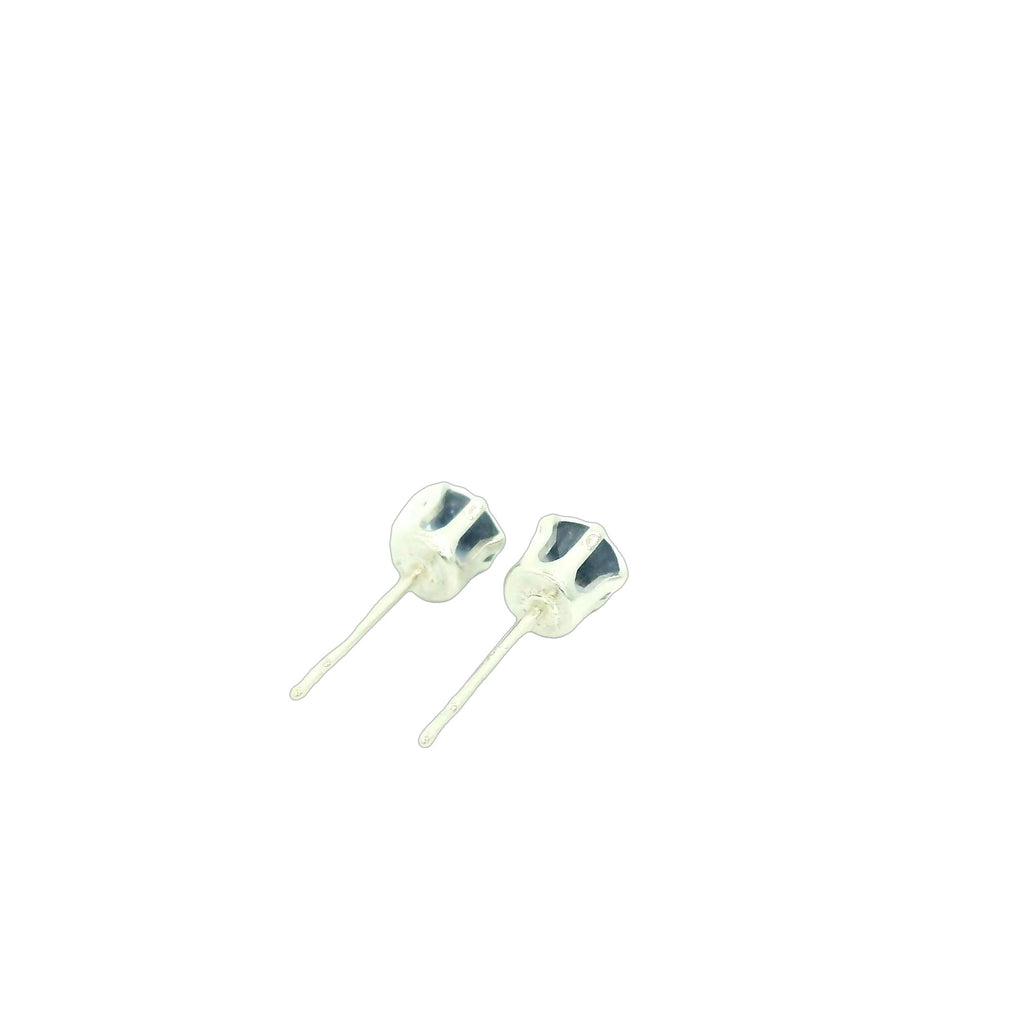 A pair of sterling silver basket stud earrings with round blue iolite gemstones, showing the back right side view with pushbacks and an overview.
