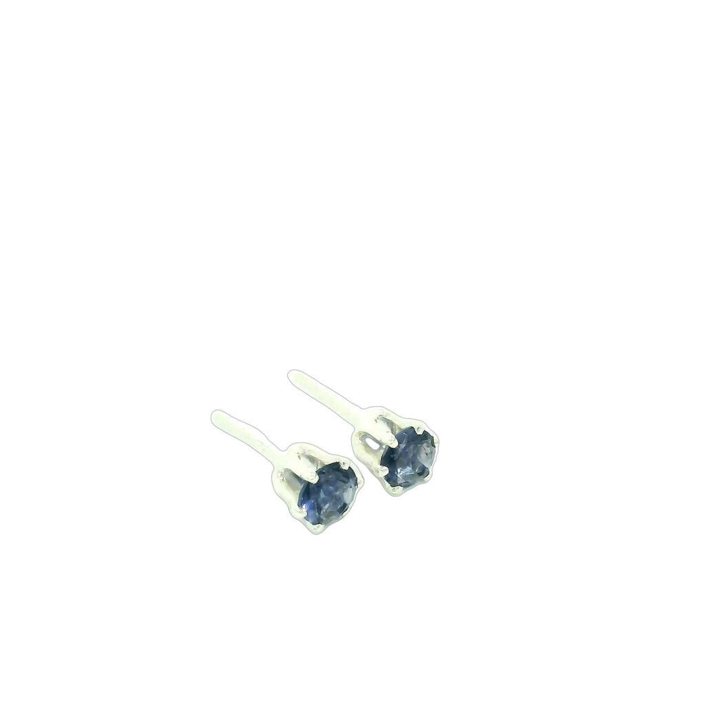 A pair of sterling silver basket stud earrings with round blue iolite gemstones, showing the front left side view with pushbacks and an overview.