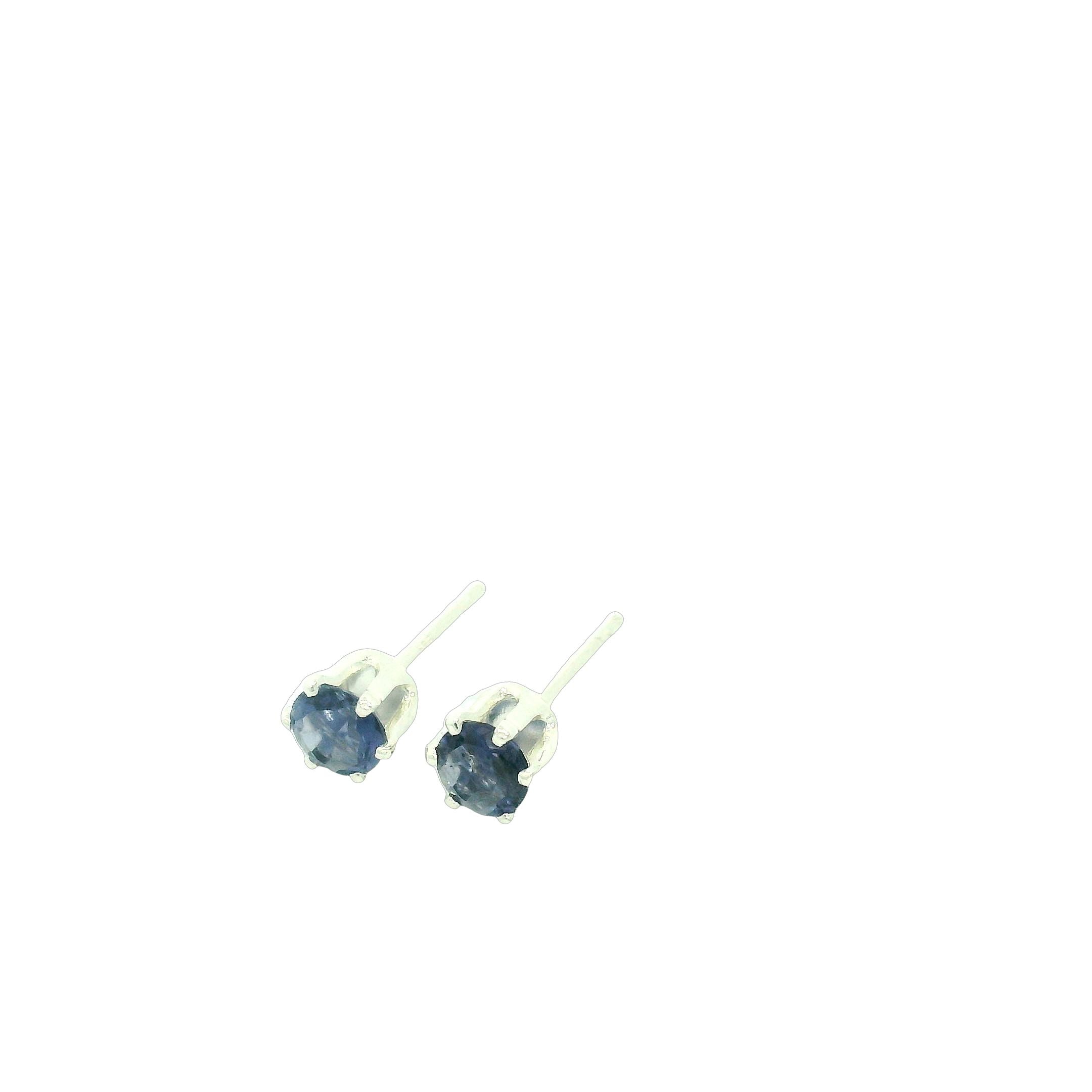 A pair of sterling silver basket stud earrings with round blue iolite gemstones, showing the front right side view with pushbacks and an overview.
