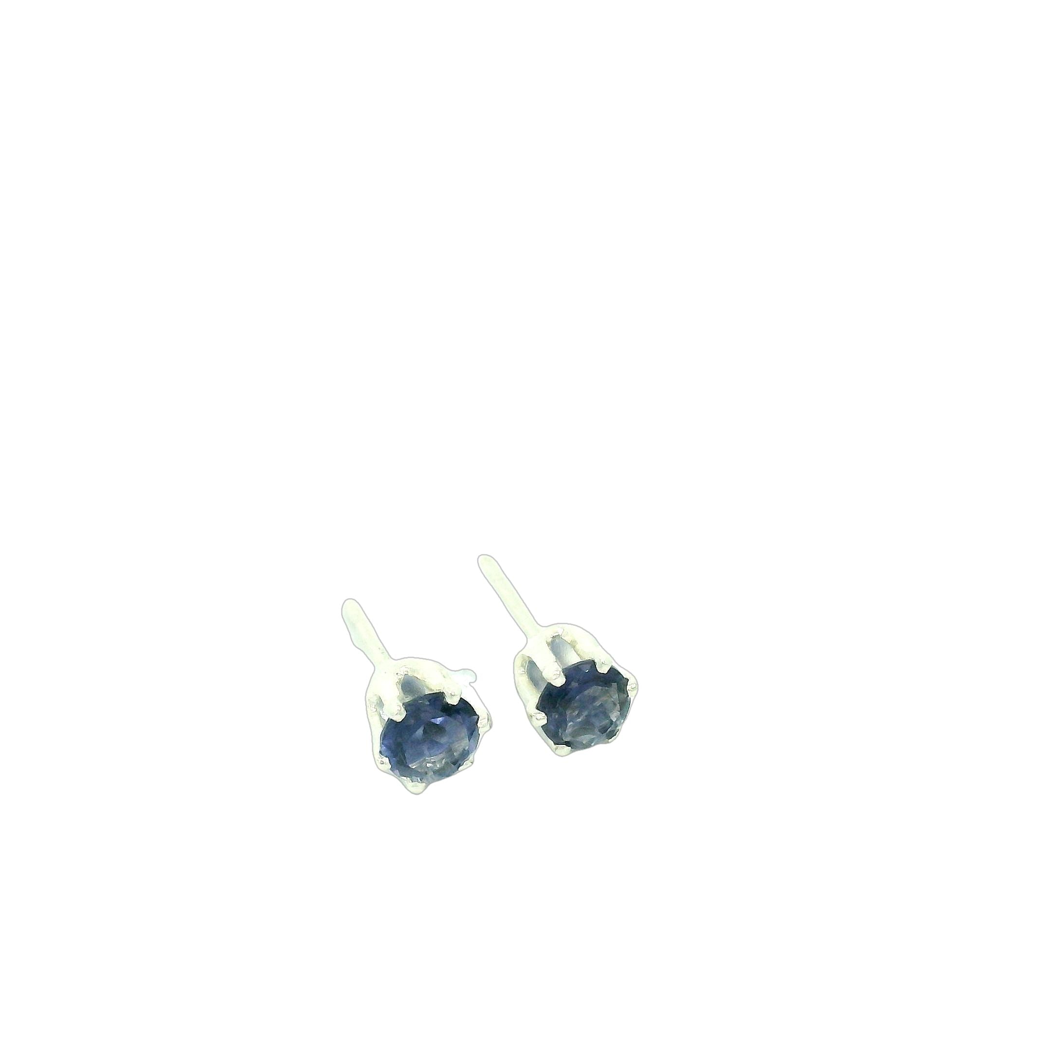 A pair of sterling silver basket stud earrings with round blue iolite gemstones, showing the front view with pushbacks and an close up overview