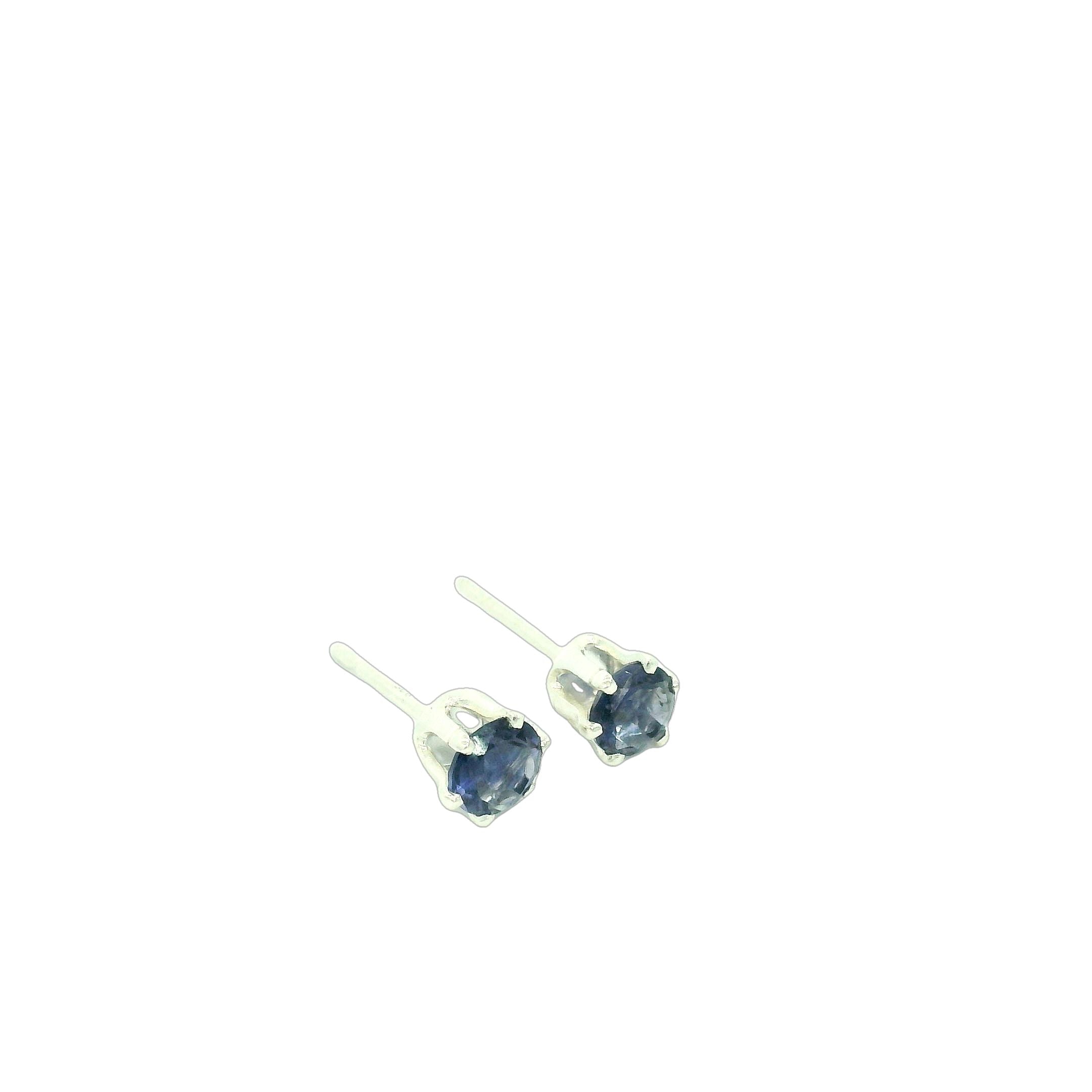 A pair of sterling silver basket stud earrings with round blue iolite gemstones, showing the front view with pushbacks and an overview.