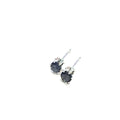 A pair of sterling silver basket stud earrings with round blue iolite gemstones, showing the left angle down view with pushbacks and an close up overview