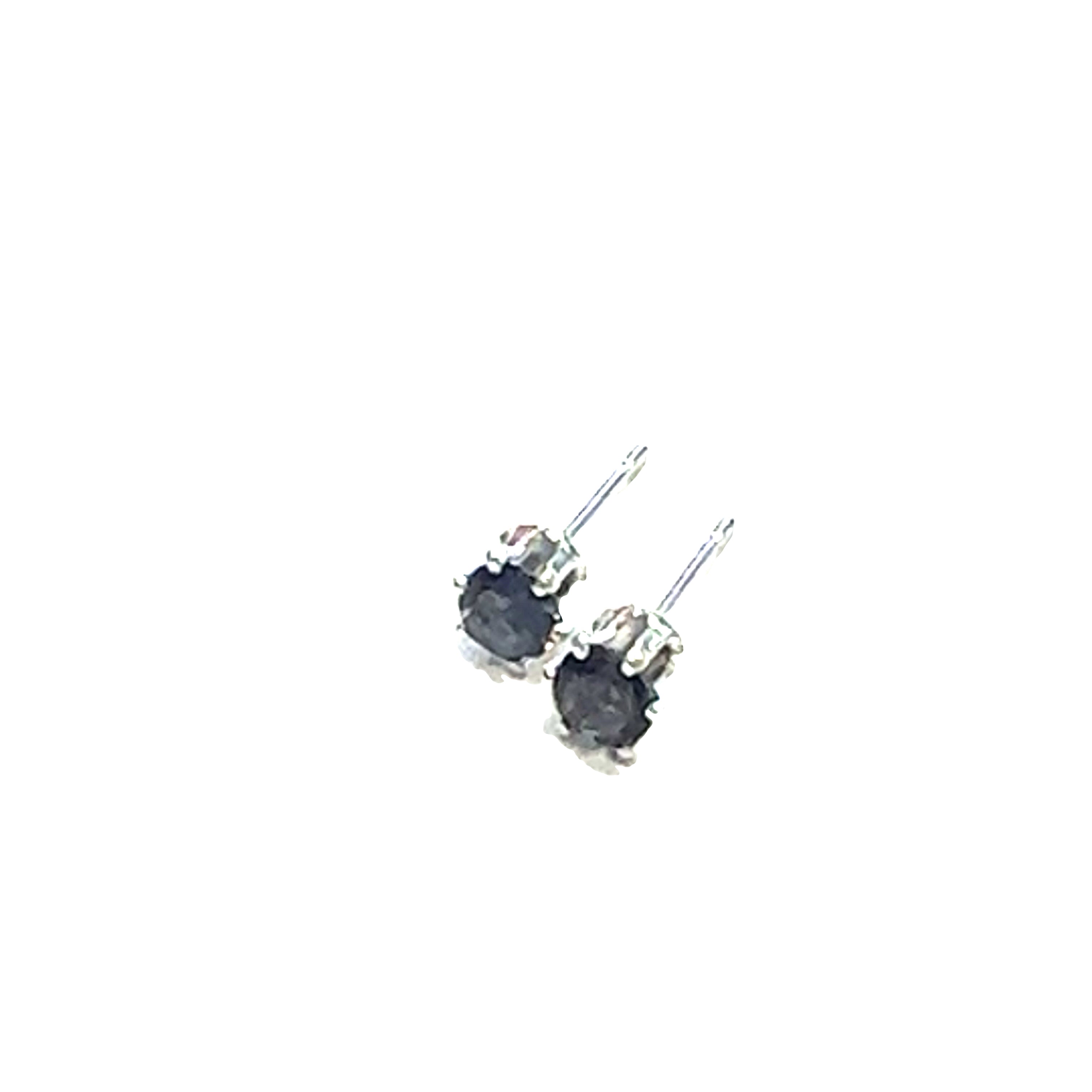 A pair of sterling silver basket stud earrings with round blue iolite gemstones, showing the left angle down view with pushbacks and an close up overview