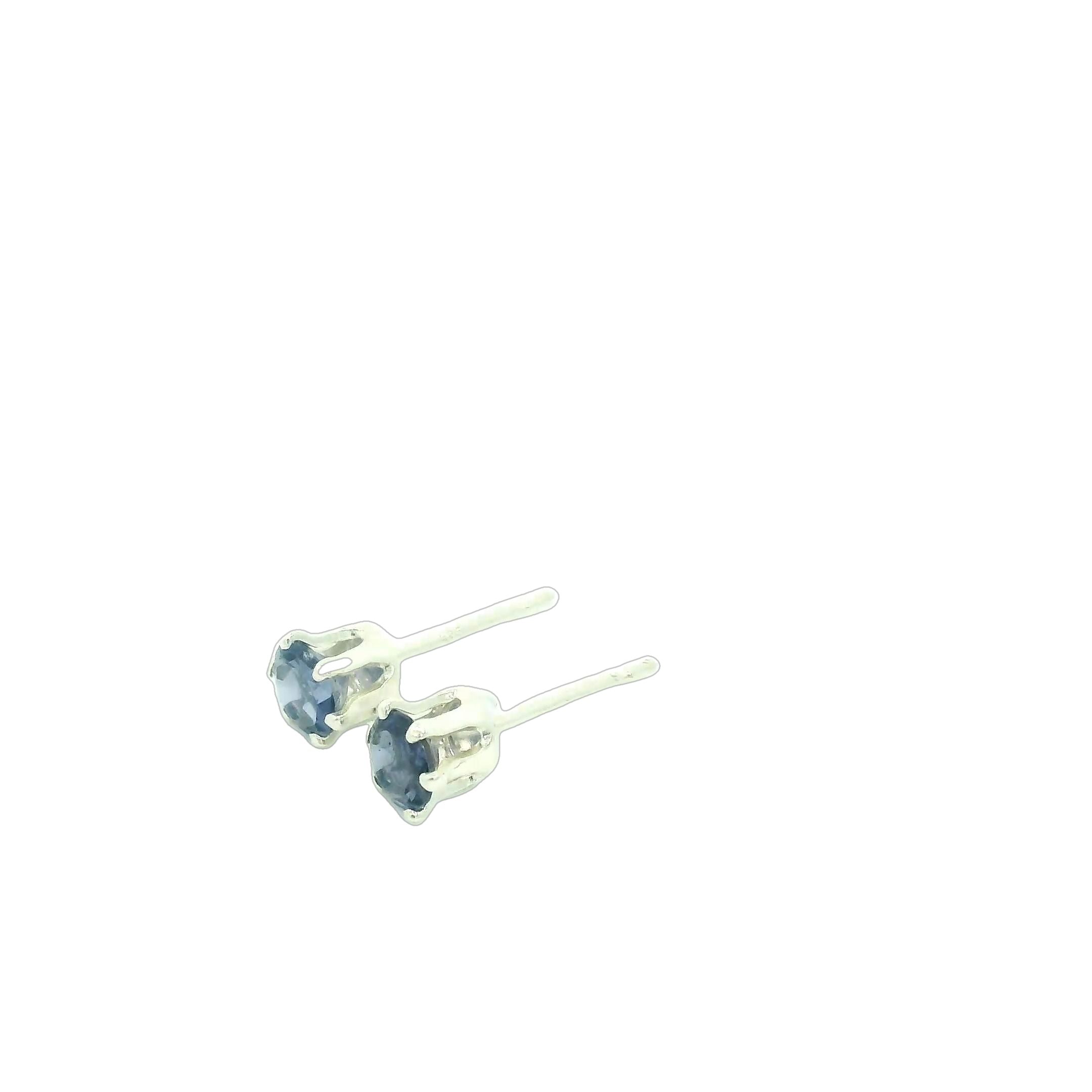 A pair of sterling silver basket stud earrings with round blue iolite gemstones, showing the left side view with pushbacks and an close up overview