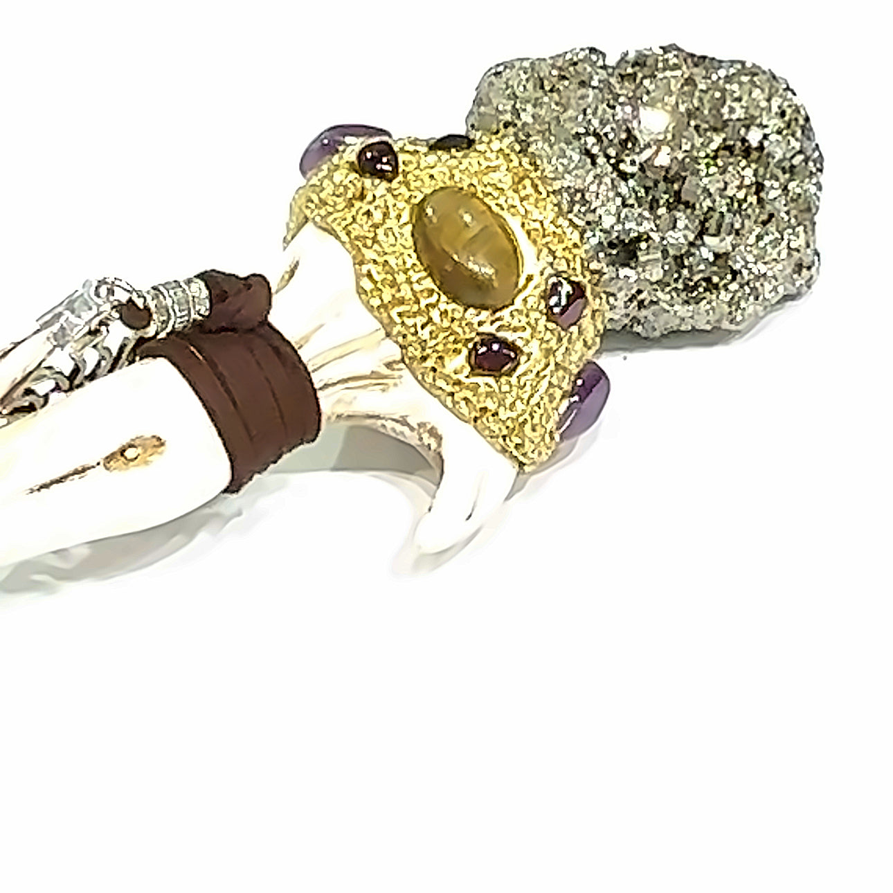 A pyrite gemstone wand  on a white background front view.
