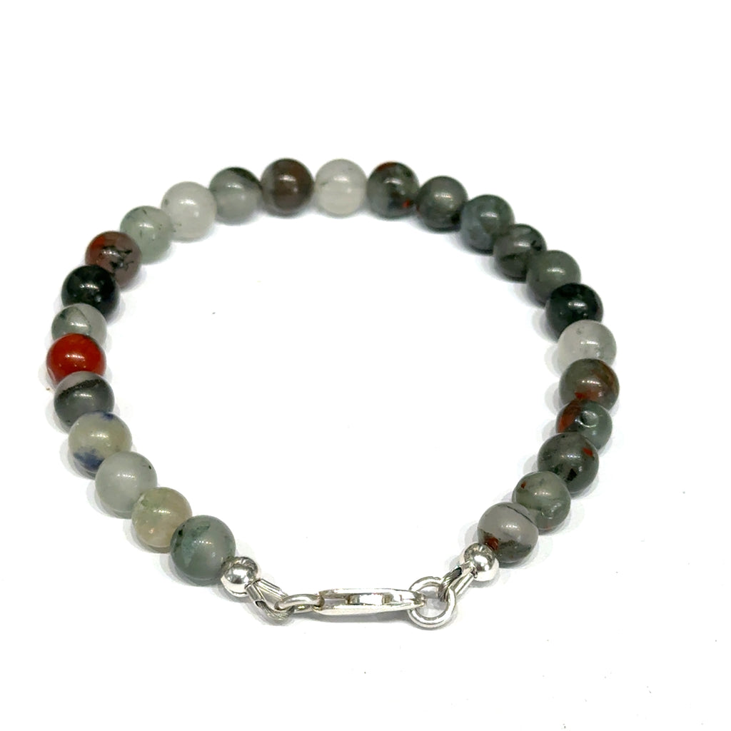 African bloodstone beaded bracelet with 6mm smooth round gemstones and sterling silver lobster claw clasp for courage and vitality on a white background, front back view. 