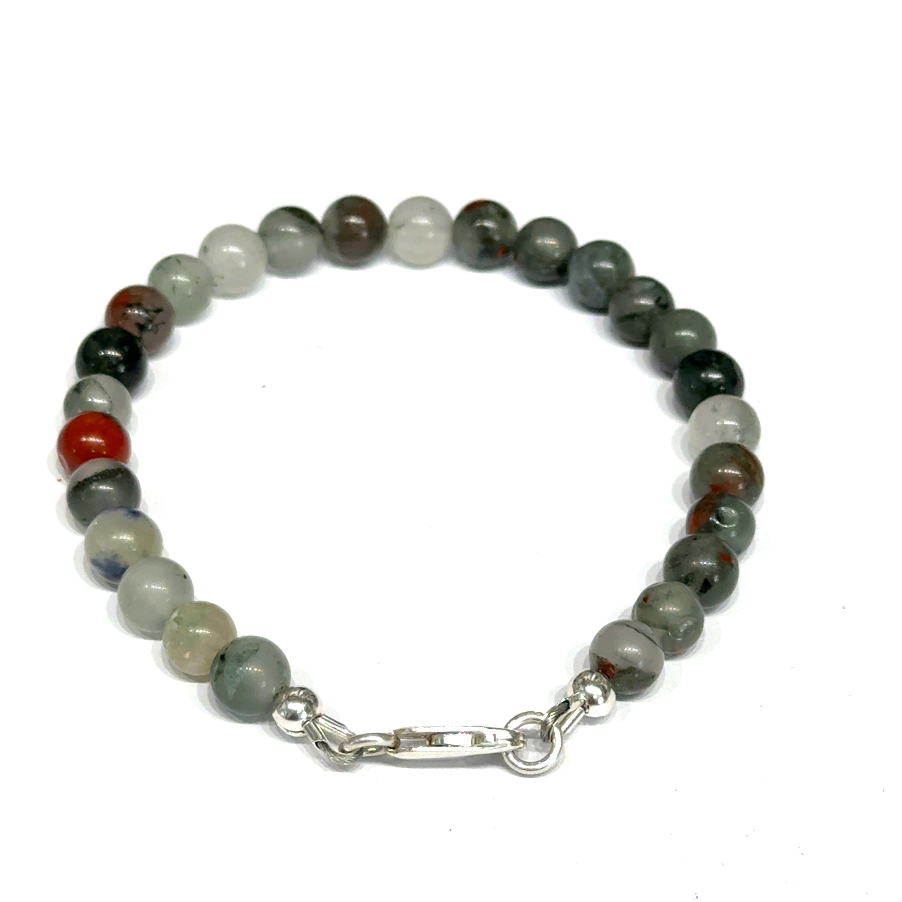African bloodstone beaded bracelet with 6mm smooth round gemstones and sterling silver lobster claw clasp for courage and vitality on a white background, front back view. 